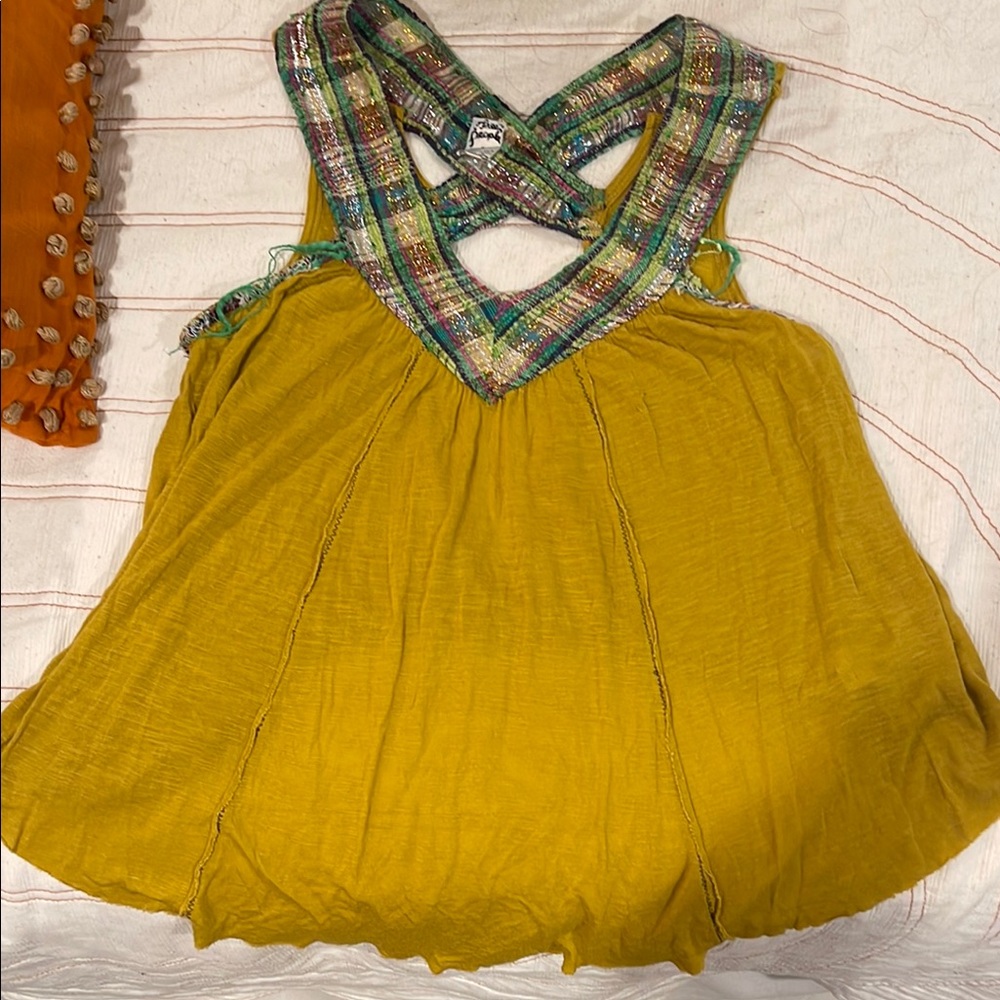 Free People Yellow Sleeveless Top with Multicolor Trim